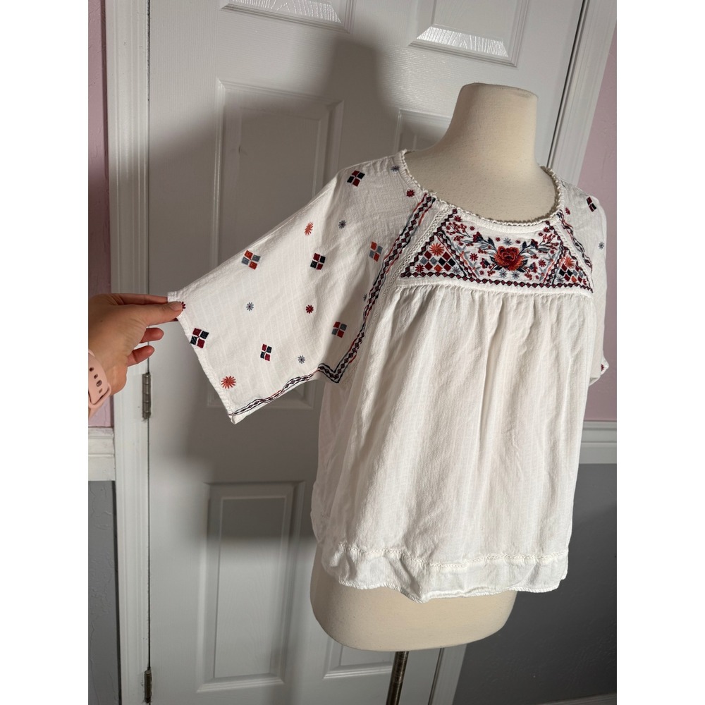 Knox Rose White Embroidered Peasant Blouse Short Sleeve Boho Rayon Womens SZ M - Picture 2 of 9
